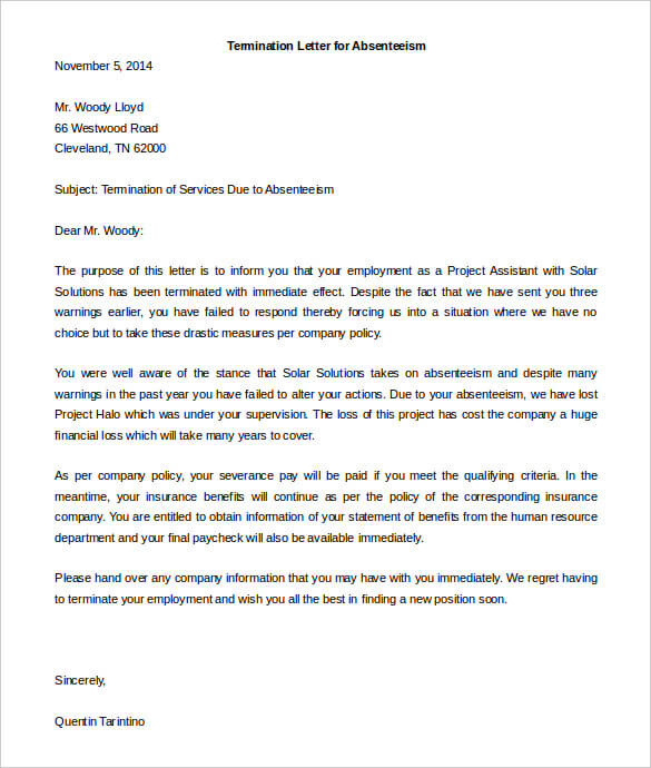 Sample Termination Letter Due To Absenteeism Sample Termination Letter Due To Absenteeism