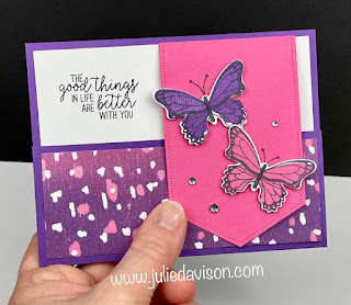 Stampin' Up! Butterfly Gala + Artistry Blooms DSP Flap Fold Card + VIDEO ~ Stitched Nested Labels Dies ~ www.juliedavison.com #stampinup