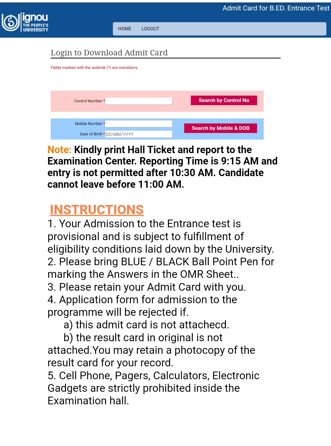 Download the admit card of IGNOU BED 2021 entrance examination MAHITIGURU