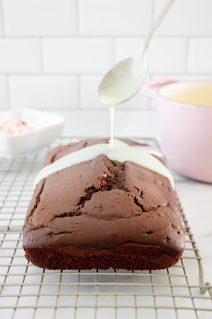 Chocolate pound cake loaf with white chocolate glaze