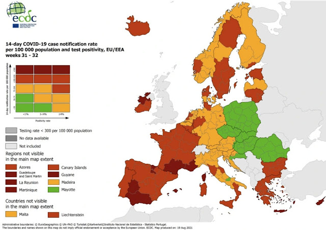 Χάρτης ECDC:  Σε «πορτοκαλί» και «βαθύ κόκκινο» η Ελλάδα