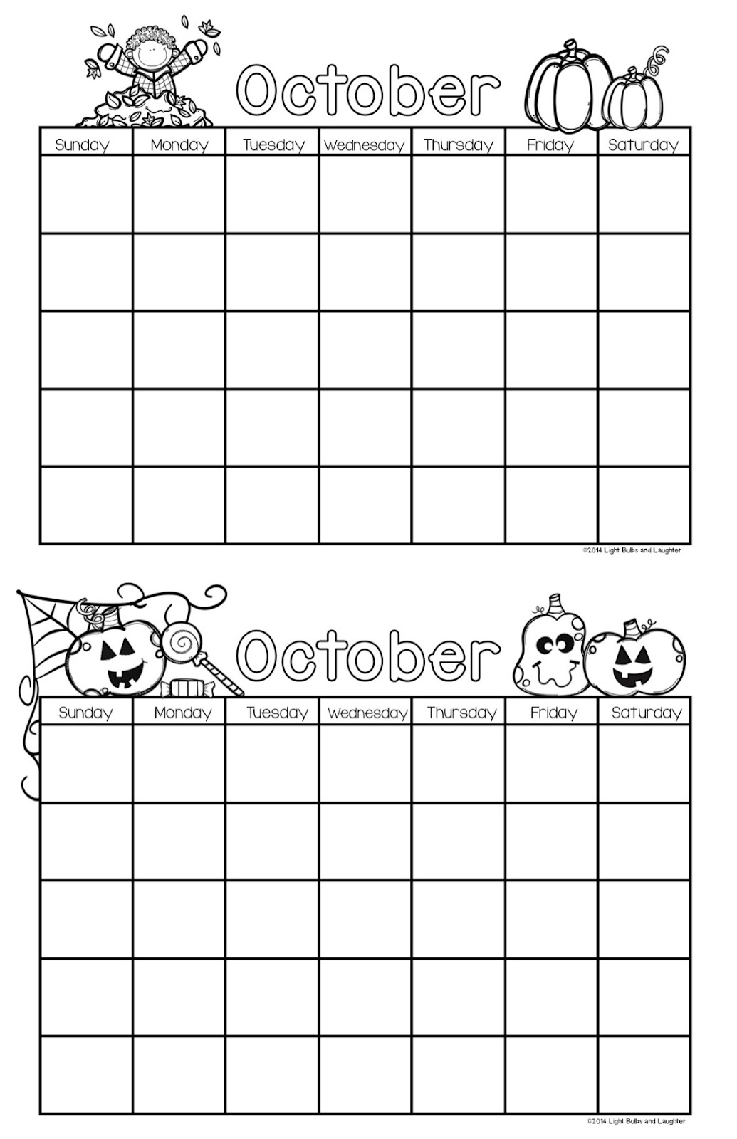 October Calendars FREE from Light Bulbs and Laughter