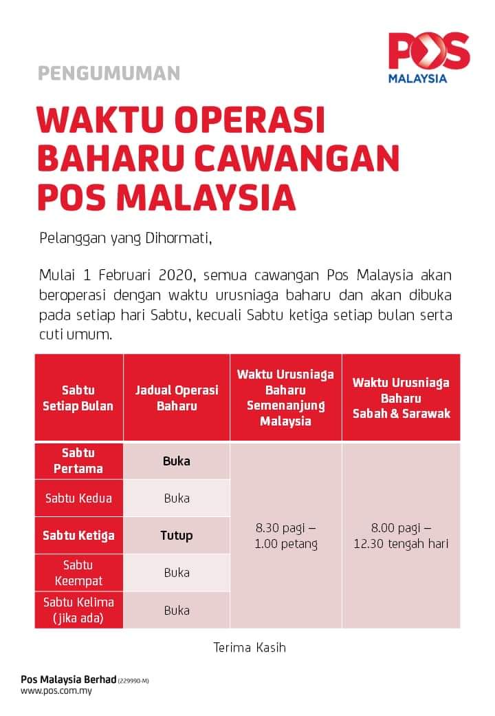 Waktu Operasi Baru Pos Malaysia Hari Sabtu Mulai 1 Februari 2020 Layanlah Berita Terkini Tips Berguna Maklumat