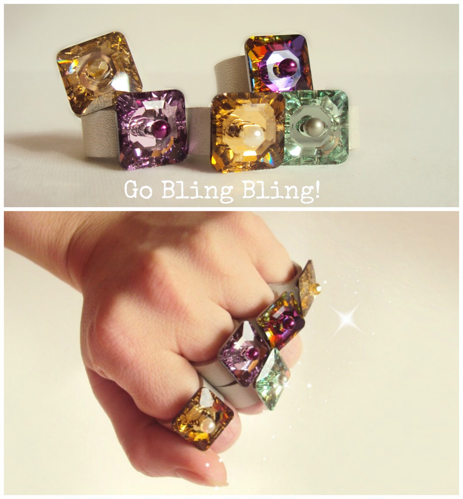 Bling Bling Swarovski Button Rings with Leather