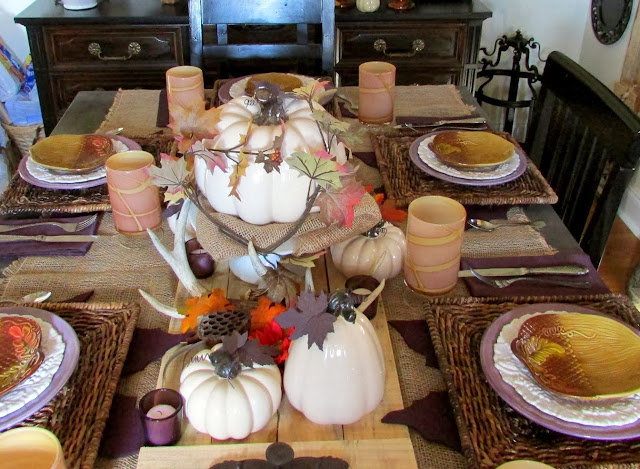 Thanksgiving  or Fall Tablescape with Antlers Pallet Wood and Pumpkins