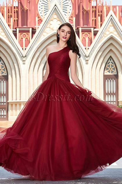 Newest Burgundy One Shoulder Prom Ball Party Dress