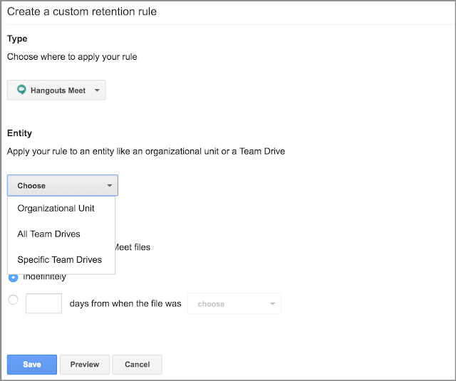 Cree una norma de retención personalizada para Hangouts Meet