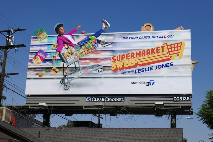 Supermarket Sweep hosted by Leslie Jones extension cut-out billboard Supermarket Sweep Leslie Jones extension billboard