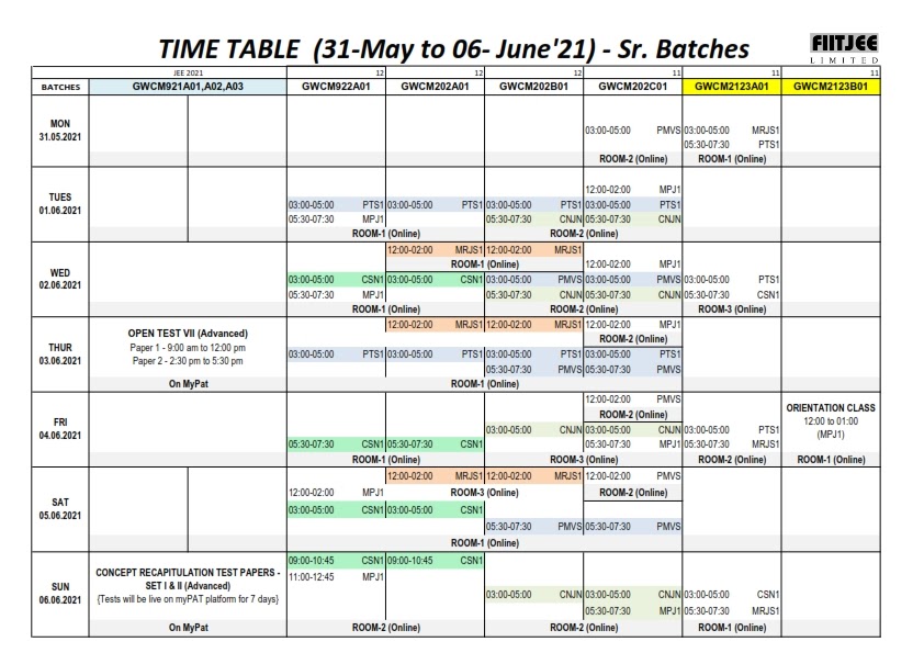 FIITJEE Limited For IITJEE TIME TABLE (31May to 06June'21)