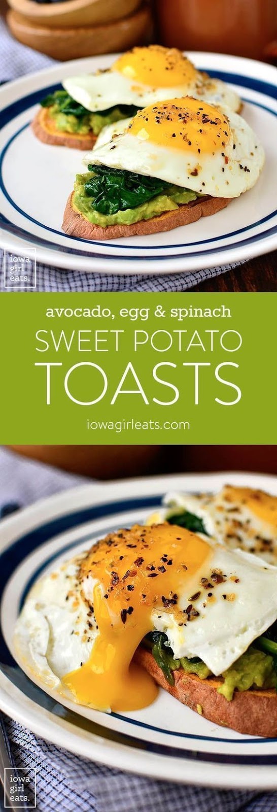 Get your day started with Avocado, Egg and Spinach Sweet Potato Toasts! This healthy, gluten-free breakfast recipe packs a healthy punch of protein, vitamins, and minerals. | 