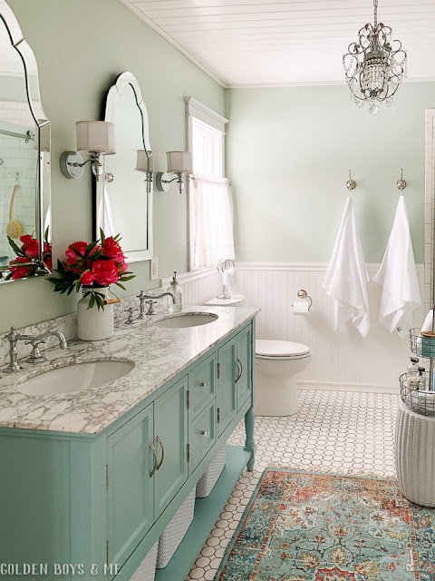 Cozy and Colorful Country Cottage Home Tour - Minty aqua blue/green painted vanity, cottage glam master bath makeover. Cozy and Colorful Country Cottage Home Tour