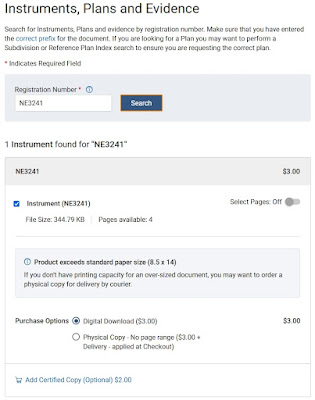 Screen capture from OnLand from the Instruments, Plans and Evidence request page with "1 Instrument found for NE3241" notice.