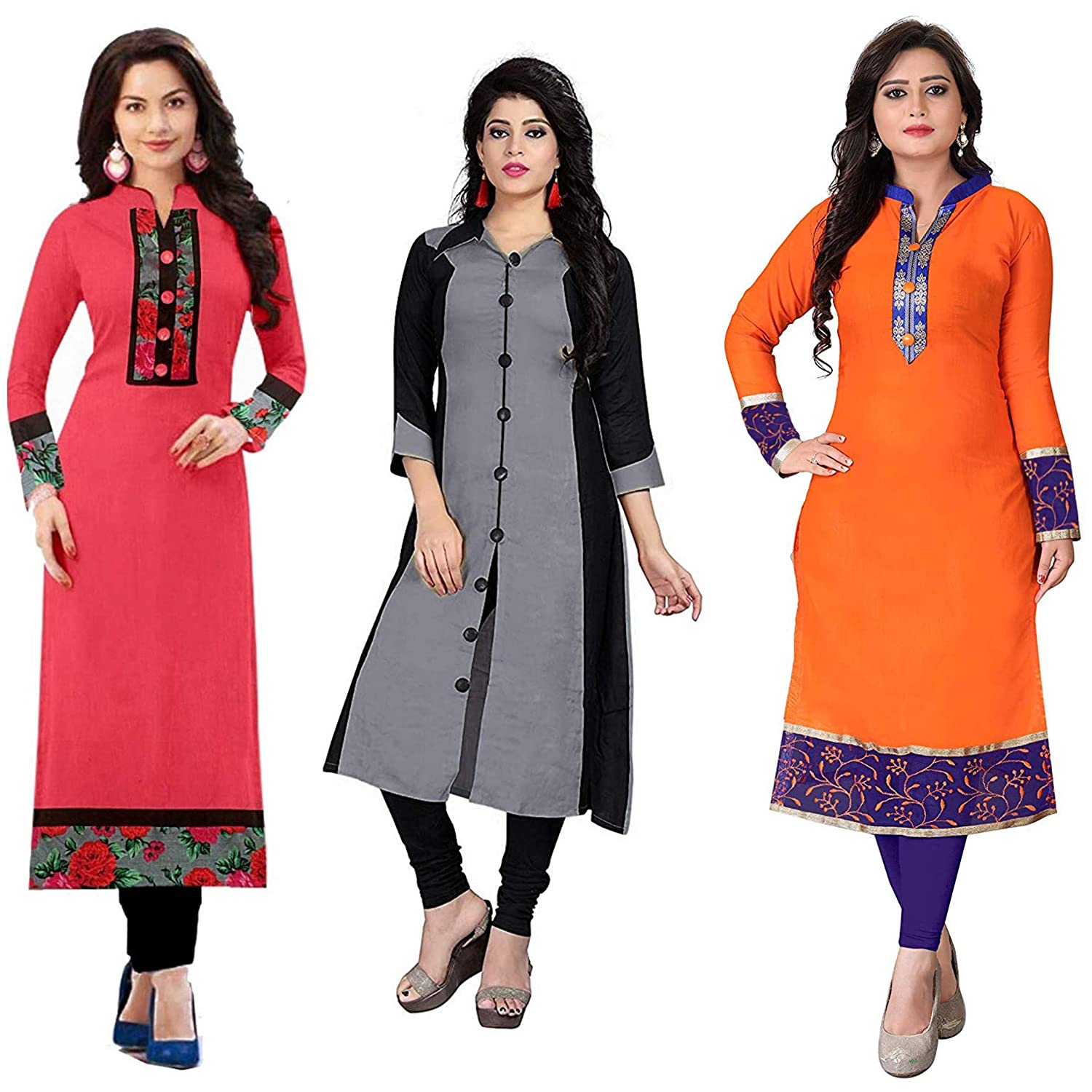 RAMDEV Women's cotton straight Kurta (Pack of 3) Kurti For Girl1