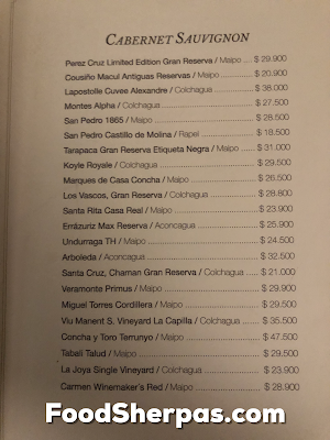 menu from Carnal in Santiago, Chile