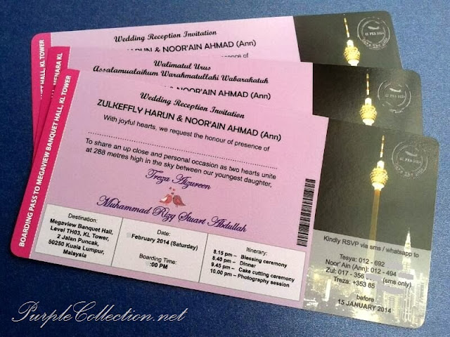 boarding pass card, purple, lilac, KL tower, travel, Menara Kuala Lumpur, pass berlepas, wedding card, kad kahwin, Malaysia, Pahang
