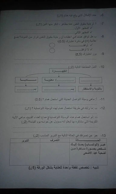 مستوى الأولى ثانوي إعدادي:نموذج فرض التربية الإسلامية وفق مقاربة الكفايات 