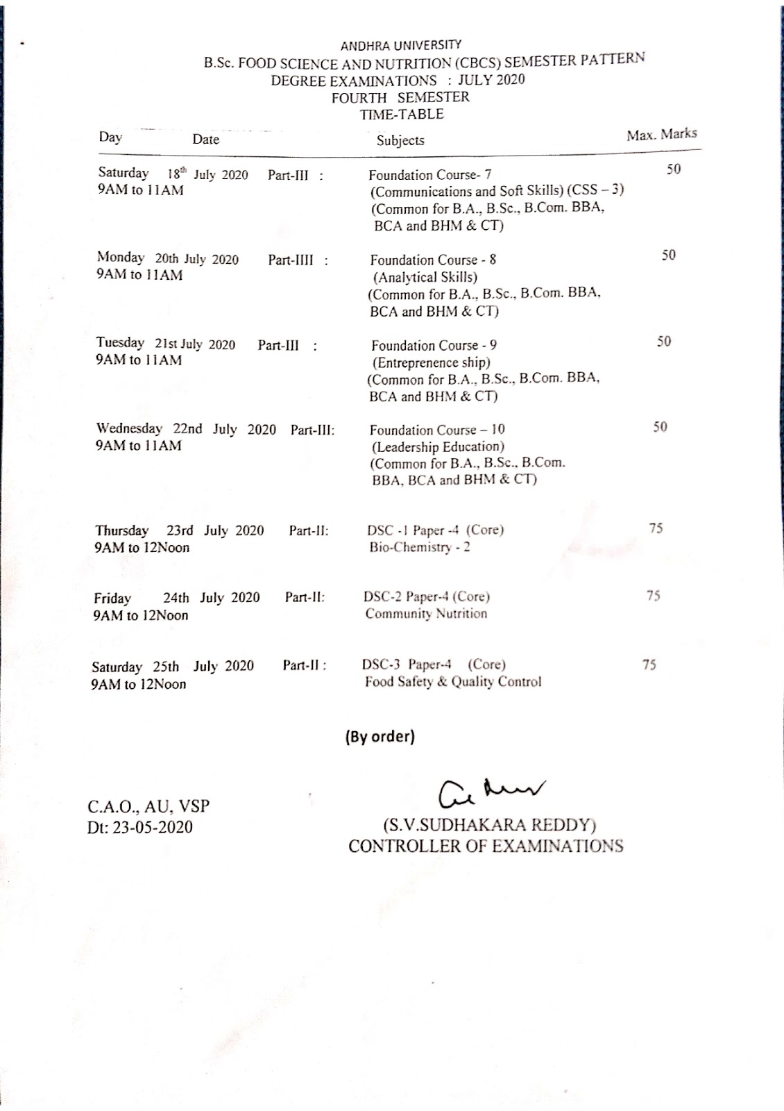 andhra university bsc fsn 4th sem cbcs july 2020 exam time table