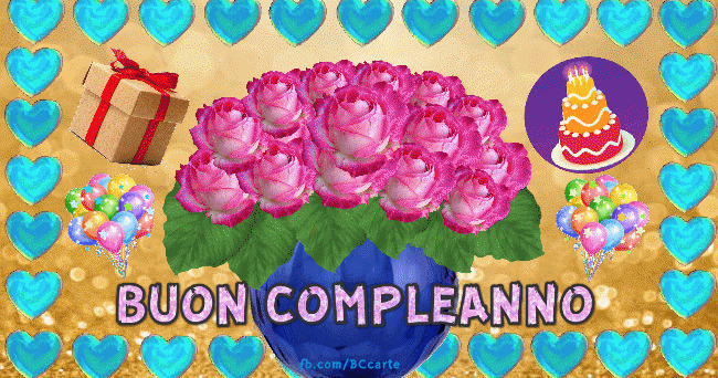 Messaggio gif di compleanno con cuori blu e rose. jpg (650x342)