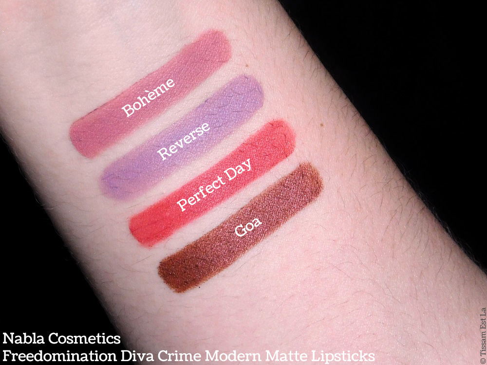 Nabla Cosmetics - Freedomination Diva Crime Modern Matte Lipsticks - Perfect Day - Goa - Bohème - Reverse - Swatches & Review - Revue et Avis - Swatch Nabla Cosmetics - Freedomination Diva Crime Modern Matte Lipsticks - Perfect Day - Goa - Bohème - Reverse - Swatches & Review - Revue et Avis - Swatch