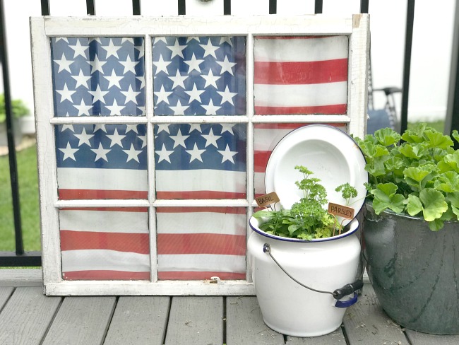 American flag and Vintage Enamelware Chamber Pot Herb Garden