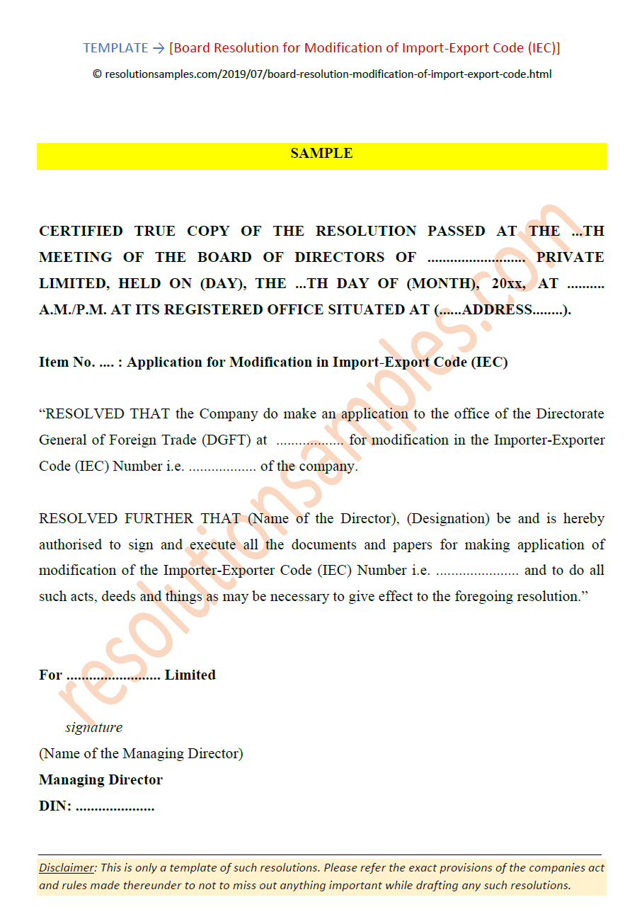 Board Resolution for Modification of ImportExport Code (IEC)