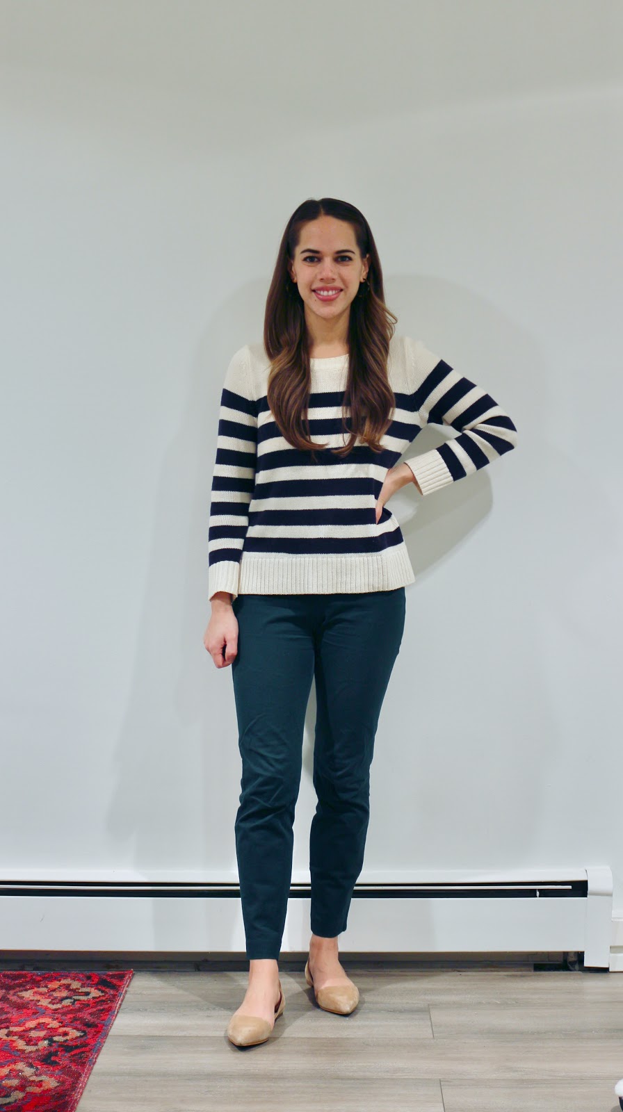 Jules in Flats - Striped Sweater with Green Ankle Pants (Business Casual Winter Workwear on a Budget)