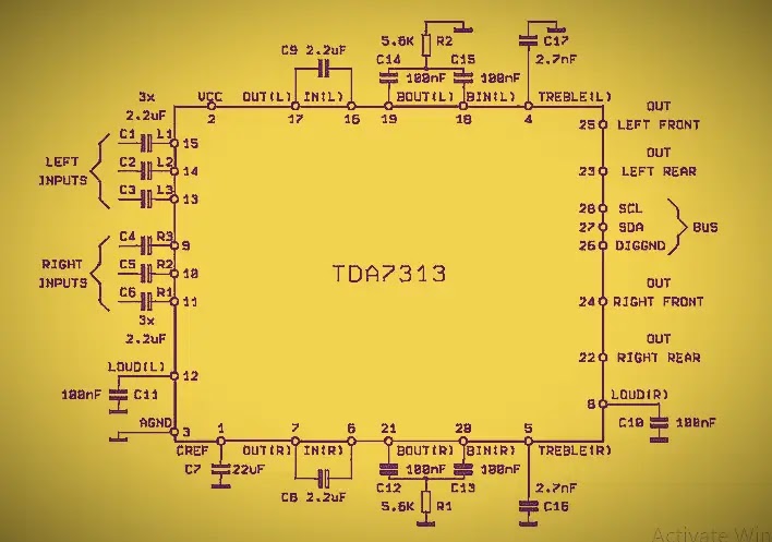 TDA7313 | DIGITAL CONTROLLED STEREO AUDIO PROCESSOR CIRCUIT DIAGRM