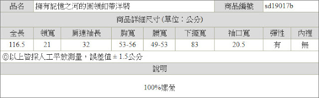 擁有記憶之河的圓領釦帶五分袖長洋裝商品尺寸表