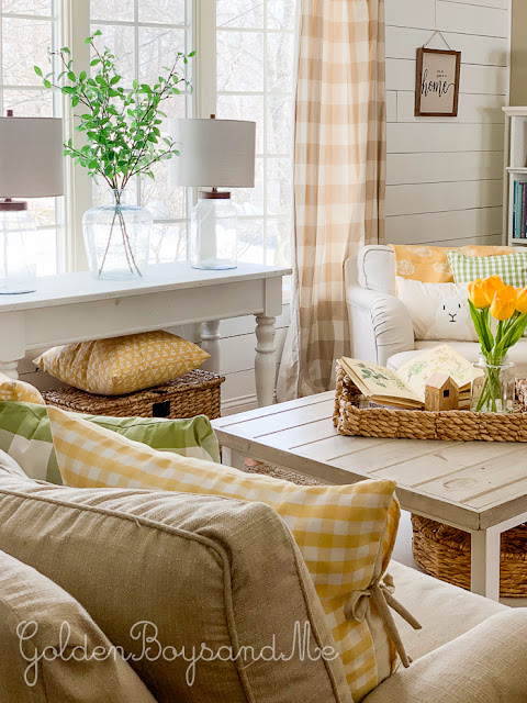 Cozy and Colorful Country Cottage Home Tour - Inviting and relaxing living room with wood floors, overstuffed sofa and painted furniture. Cozy and Colorful Country Cottage Home Tour