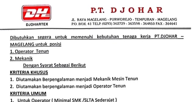 Lowongan Kerja PT DJOHAR Magelang (DjoharTex) Posisi Operator Tenun dan