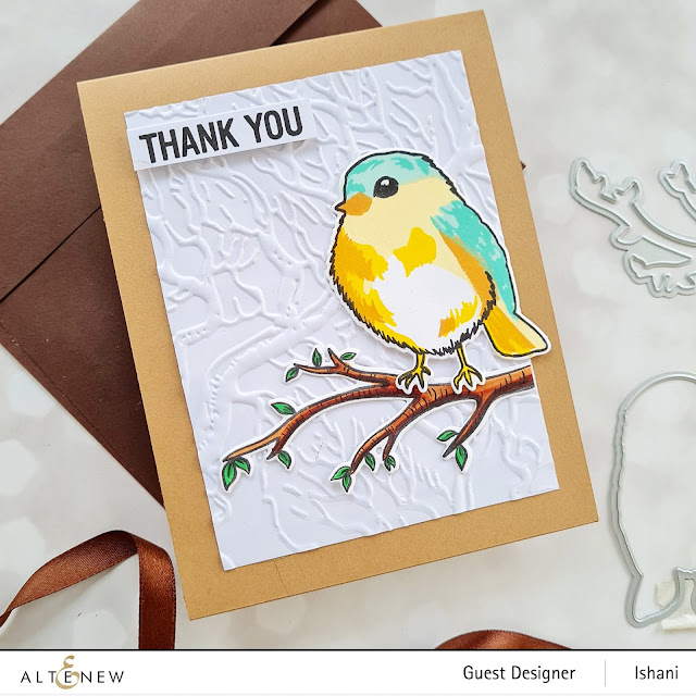 Altenew Bird of woods stamp set and dies, Altenew Walnut 3 D embossing folder, Cute bird card, Altenew Bird stamp, Thank you card, Bird card, Quillish