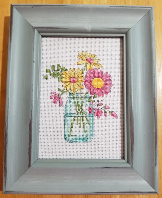 Completed Cross Stitch Flower Mason Jar A Stitch of Blissfulness