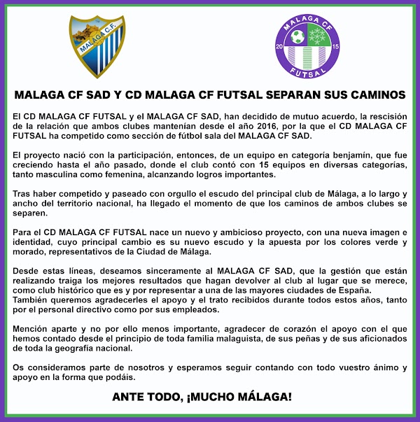 El Málaga CF Futsal y el Málaga CF separan sus caminos