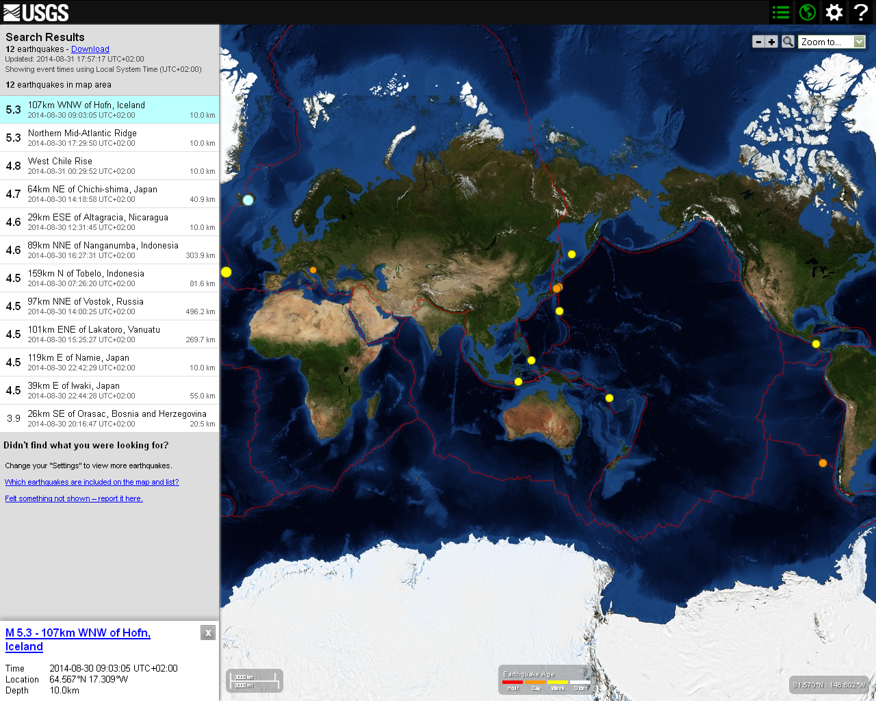 Veronikas Weltraum Wetterbericht: USGS 30.08.14: 11 Erdbeben>4 weltweit