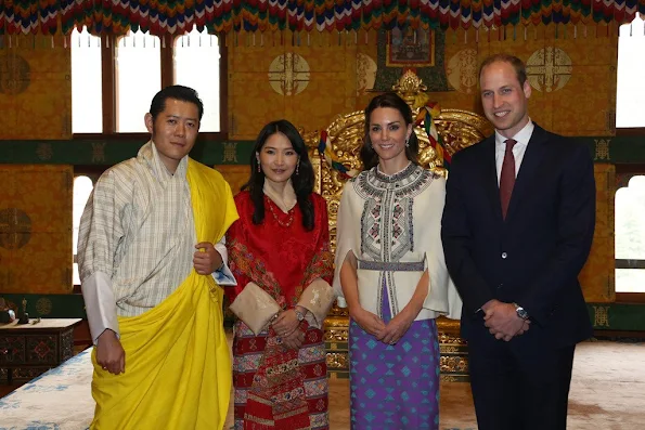 Prince William and Catherine, Duchess of Cambridge pose with King Jigme Khesar Namgyel Wangchuck and Queen Jetsun Pema visited the Golden Throne Room of the Dzong