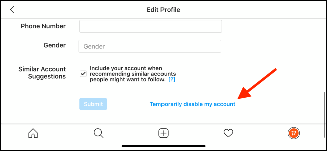 اضغط على تعطيل حسابي مؤقتًا على Instagram