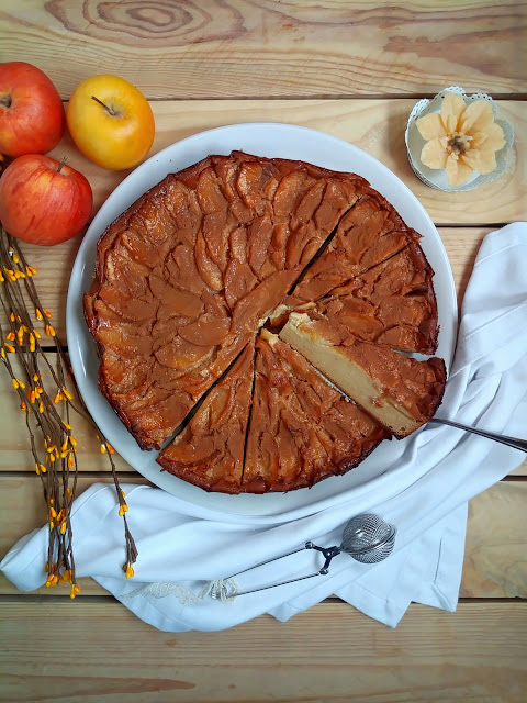 Receta de tarta flan de manzana, canela, postre, merienda, pastel, fácil, rico, con horno, Cuca