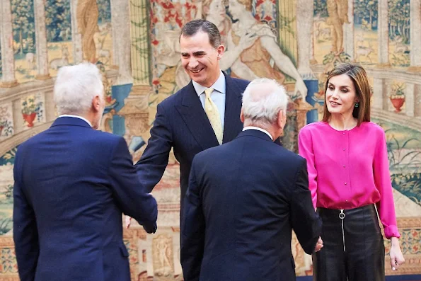 King Felipe and Queen Letizia attend a meeting Boards of Trustees of the Princess of Asturias Foundation Letizia wore UTERQUE Nappa Trousers PRADA Toe Pump