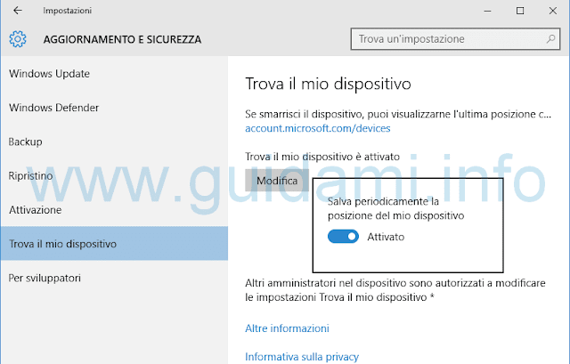 Windows 10 attivare Trova il mio dispositivo