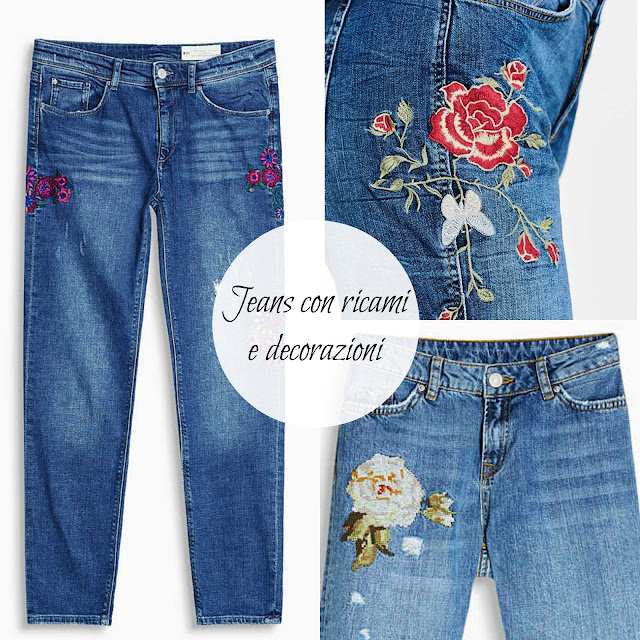 jeans con ricami floreali