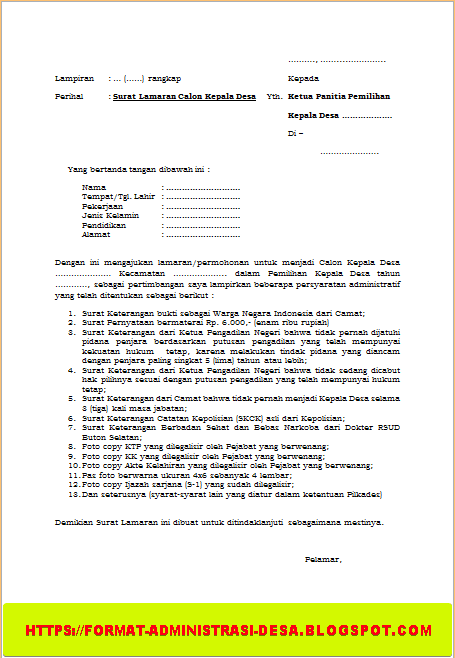 Contoh Surat Lamaran Calon Kepala Desa 2021 Terbaru Form Pendaftaran Permohonan Format Administrasi Desa
