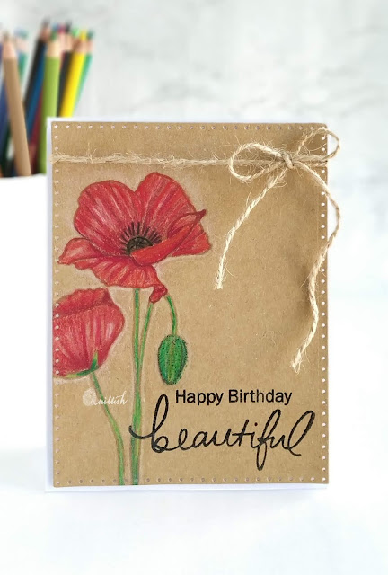 Create a smile stamps, Polychromos, Birthday card, CAS card, floral card, Quillish, Poppy stamp card, pencil coloring on kraft, Kraft floral card, Kraft cards
