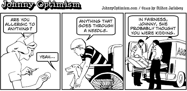 johnny optimism, medical, humor, sick, jokes, boy, wheelchair, doctors, hospital, stilton jarlsberg, shot, syringe, needle, vaccination, allergic, ambulance
