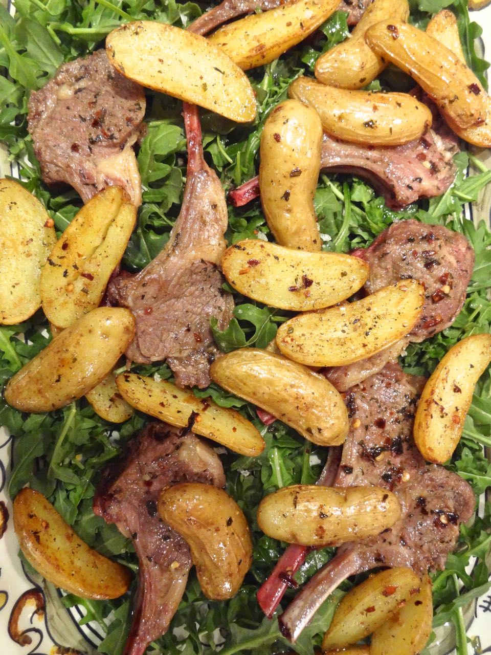 Scrumpdillyicious: Lamb Chops with Fingerling Potatoes on Arugula