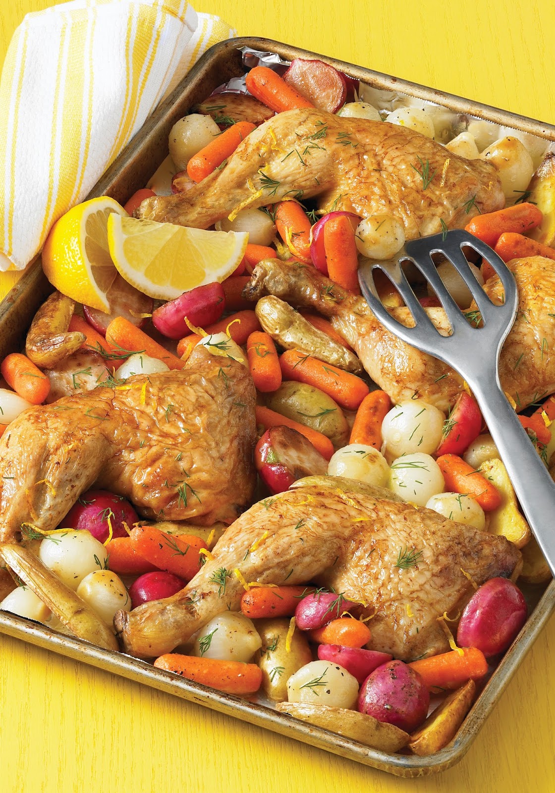 roast chicken quarters w/ lemondill spring vegetables