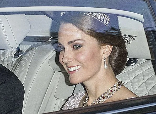 King Felipe and Queen Letizia, Prince William, Duchess Catherine of Cambridge, Prince Harry, Duchess Camilla wore Marchesa gown, Carolina herrera red dress gold diamond tiara