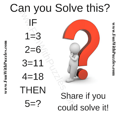 If 1=3, 2=6, 3=11, 4=18 Then 5=?. Can you solve this Logic Question?