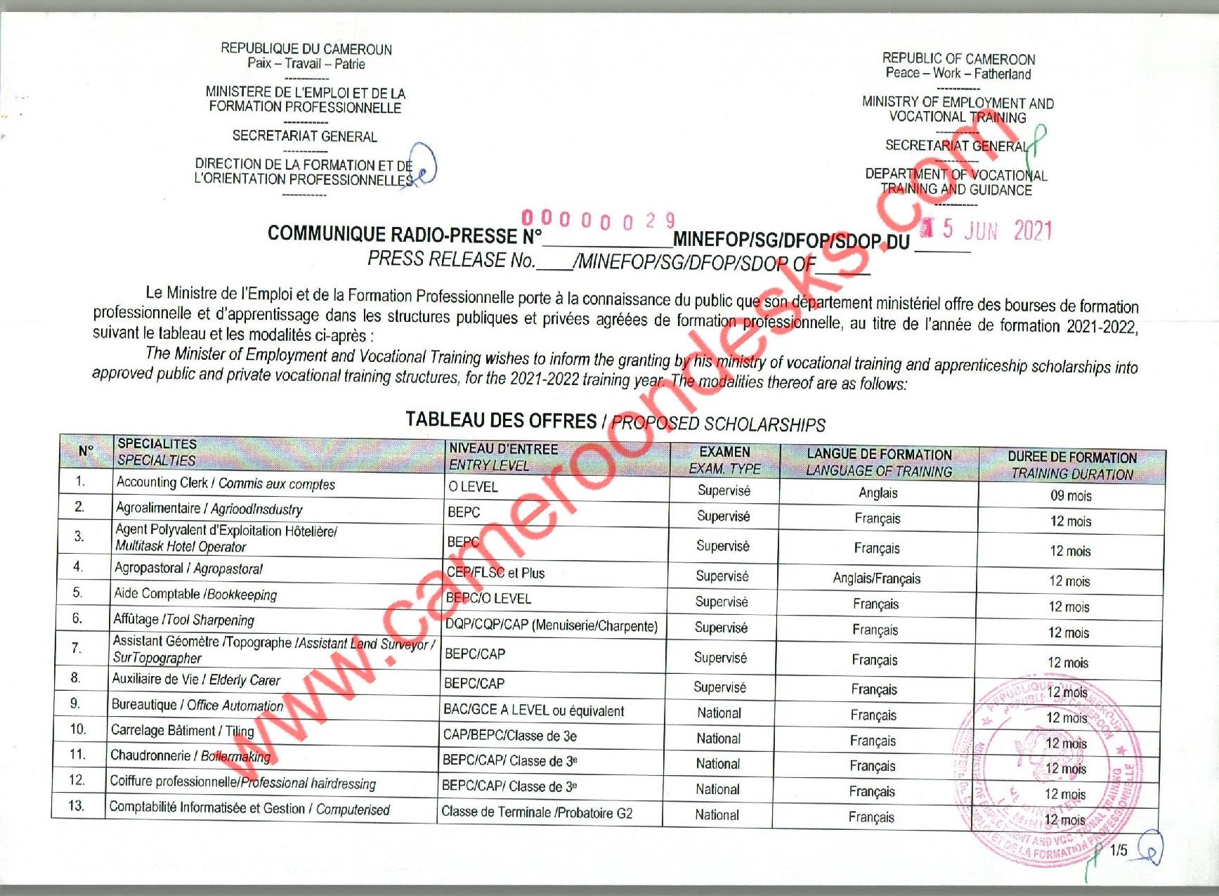 Bourses Nationales de Formation Professionnelle MINEFOP 2021 Bourses Nationales de Formation Professionnelle MINEFOP 2021
