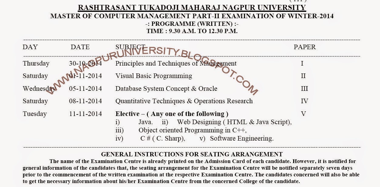 NAGPUR UNIVERSITY RTMNU M.C.M Part - 2 Exam Time Table Winter 2014