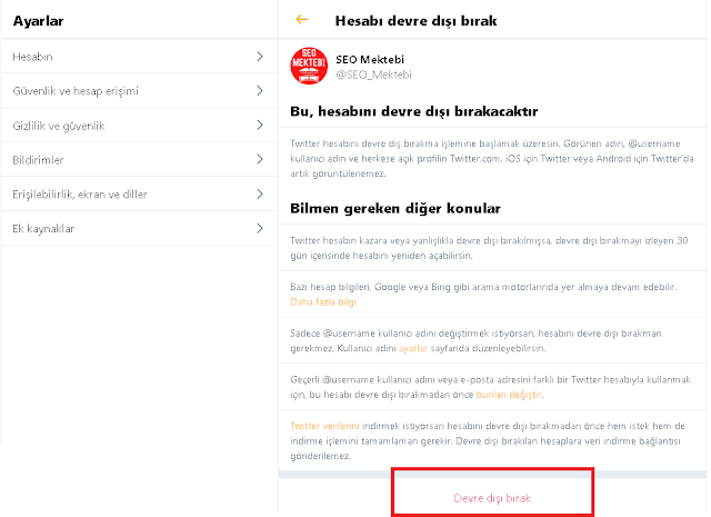 Twitter Hesabını Kapatıp Devre Dışı Bırakma